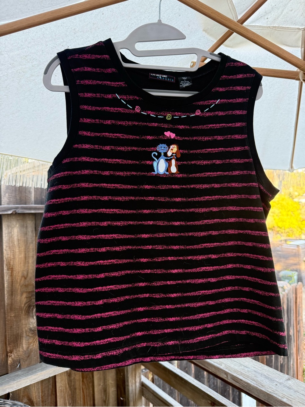 Vintage Onque Casuals Black & Pink Striped Cat and Dog Embroidered Tank Top